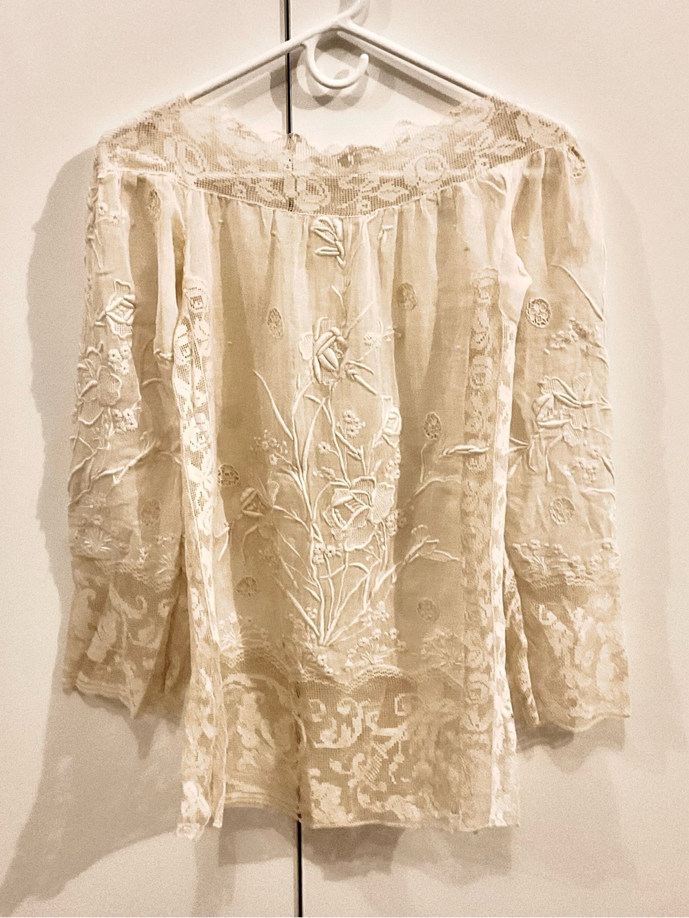 Antique Cream Embroidered Lace Blouse, Edwardian, handmade, over 100 yrs old